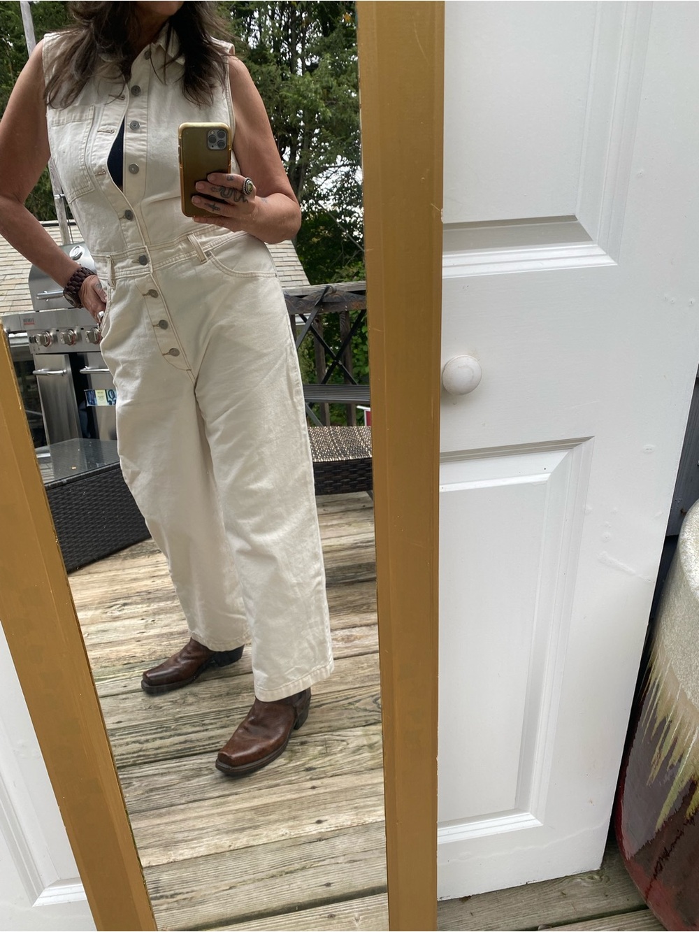 Levi’s Cream Ecru Denim Sleeveless Wide Leg Utility Jumpsuit M